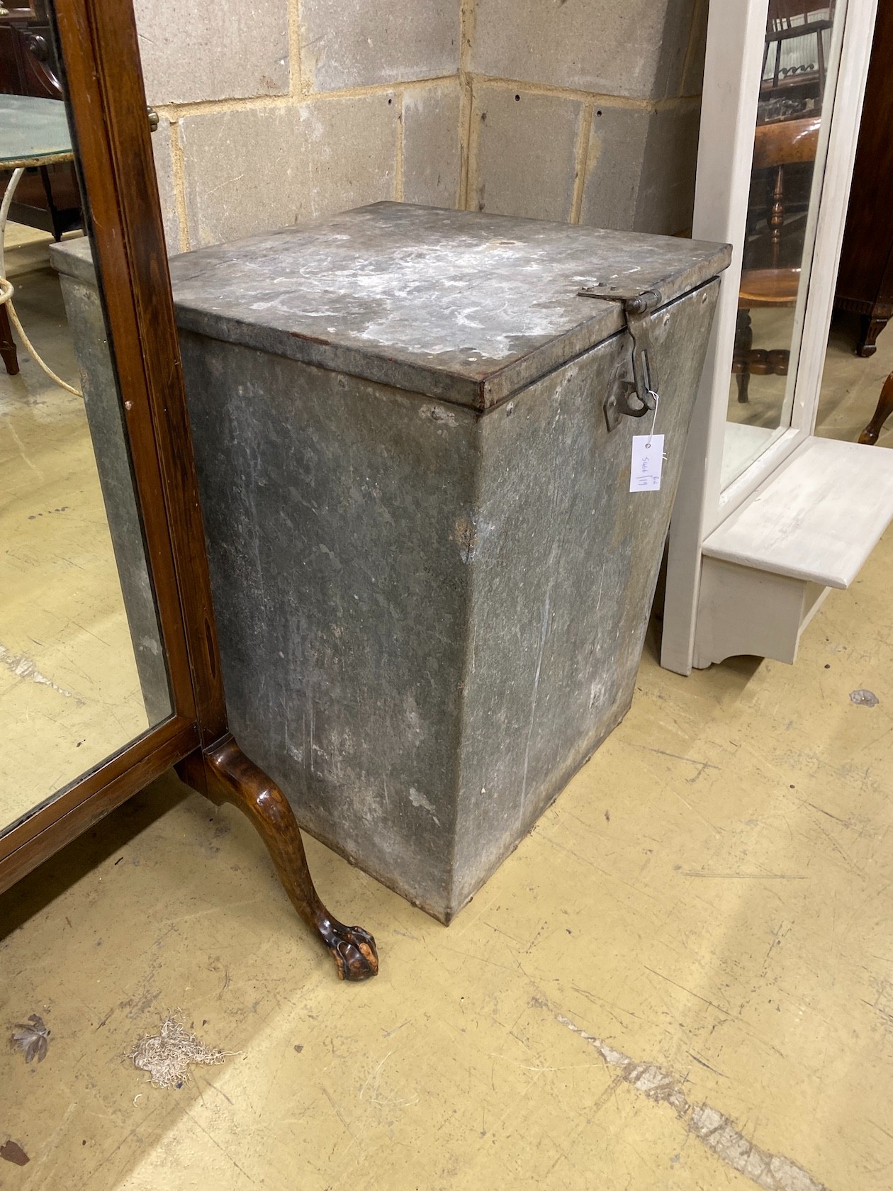 A vintage galvanised grain bin with locking hasp, width 58cm, depth 58cm, height 80cm